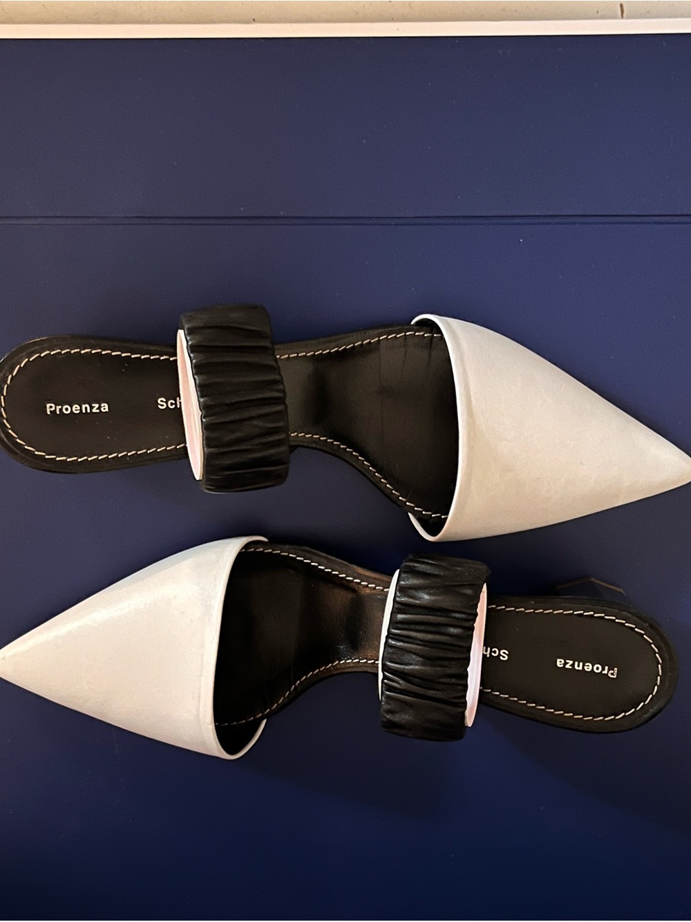 Proenza Schouler White Pointed Toe Black Ruffle Strap Mules